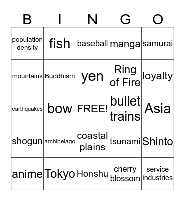 Japan Bingo Card