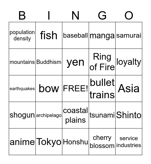 Japan Bingo Card