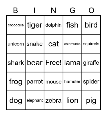 animal bingo Card