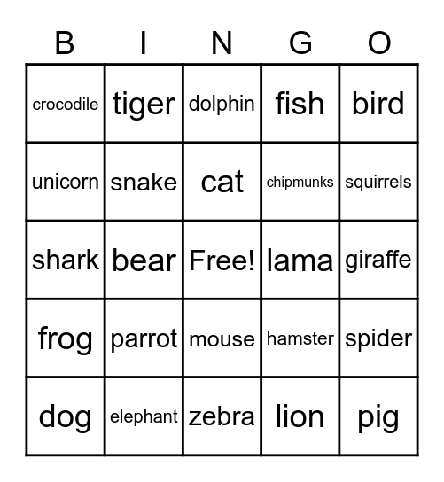 animal bingo Card