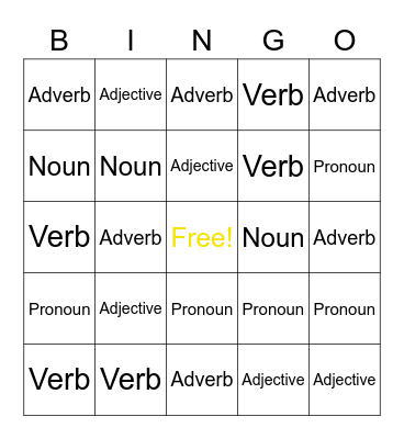Parts of Speech Bingo Card