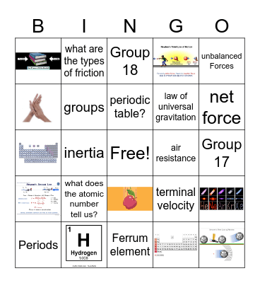Structures of Matter and force & motion Bingo Card
