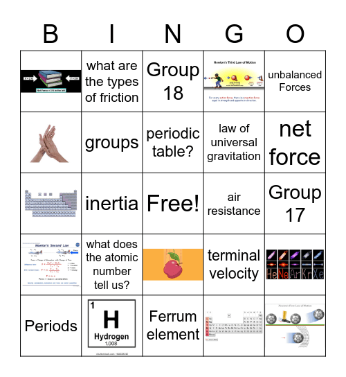 Structures of Matter and force & motion Bingo Card