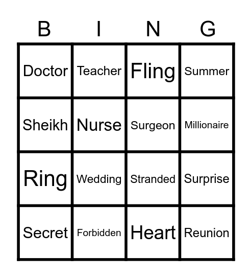 Mills & Boon Bingo Card