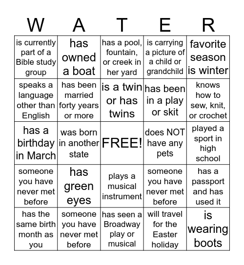 Living Water Bingo Card