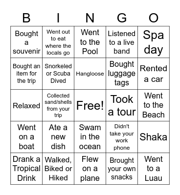 Virtual Vacation Bingo Card