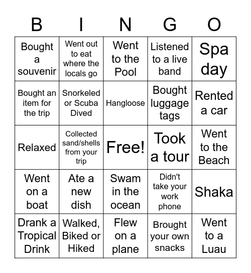 Virtual Vacation Bingo Card