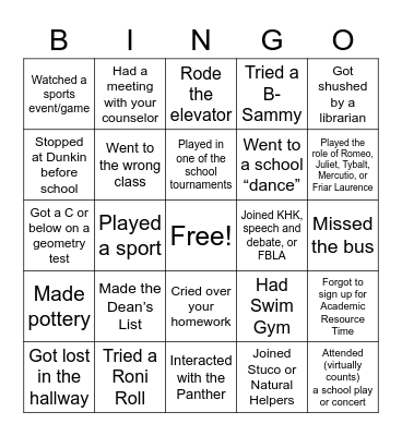 USC Freshman Year Bingo Card