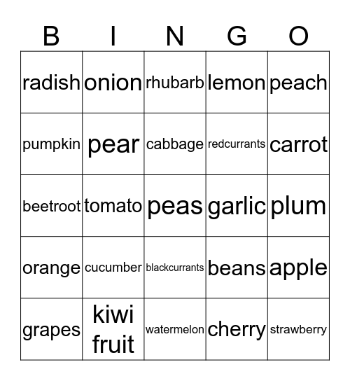 Vegetables, fruits, berries Bingo Card