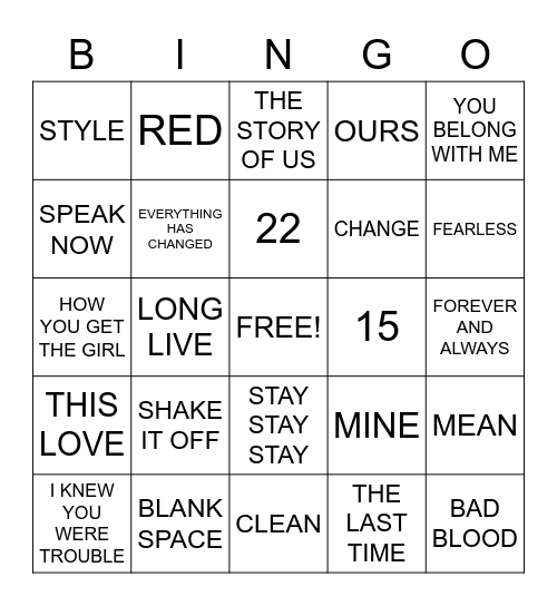 TAYLOR SWIFT SONGS Bingo Card