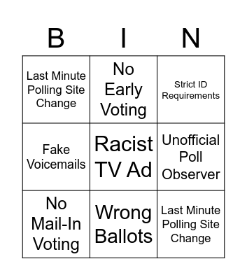 Voter Suppression Bingo Card