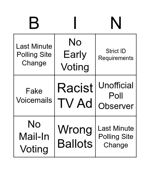 Voter Suppression Bingo Card
