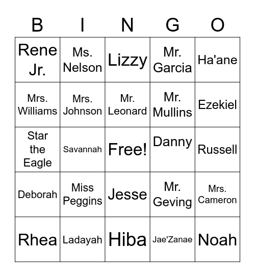 Class Names Bingo Card