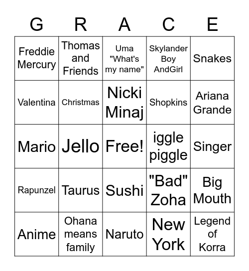 Gracie's Birthday Bingo Card