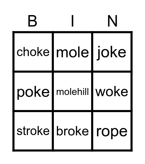 Phonics: o_e Bingo Card