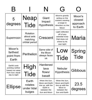 Earth-Moon Review Bingo Card