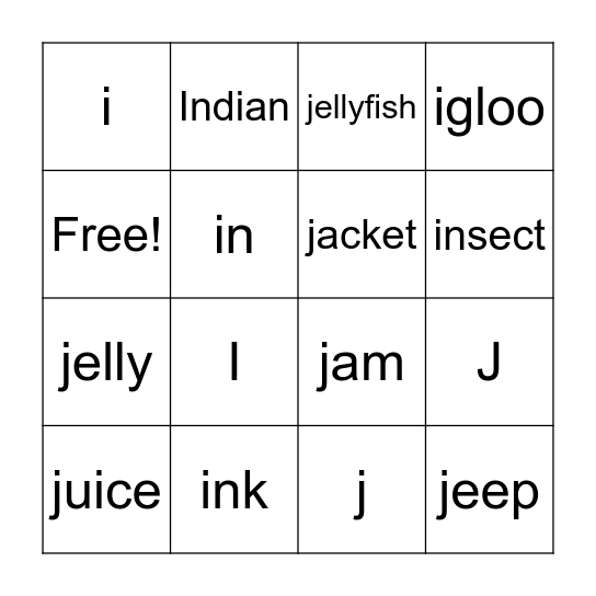 I & J Bingo Card