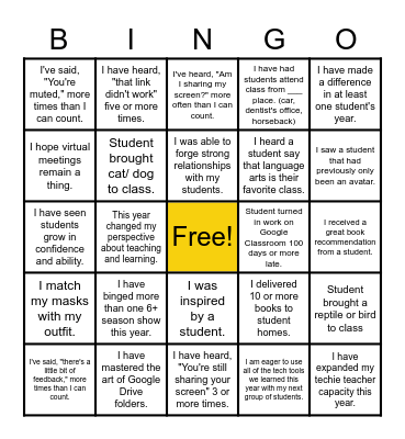 ELA Department End of Year Bingo Card