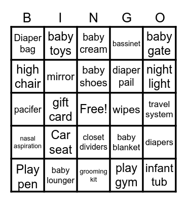 Jessica's Baby Shower Bingo Card