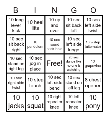 Fitness Bingo Card