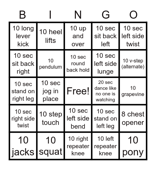 Fitness Bingo Card