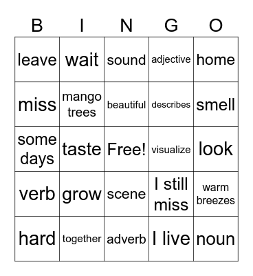 Growing Together vocabulary Bingo Card