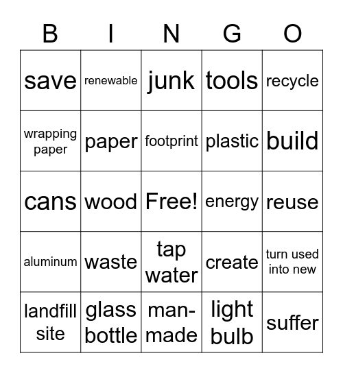 Reduce Reuse Recycle Bingo Card