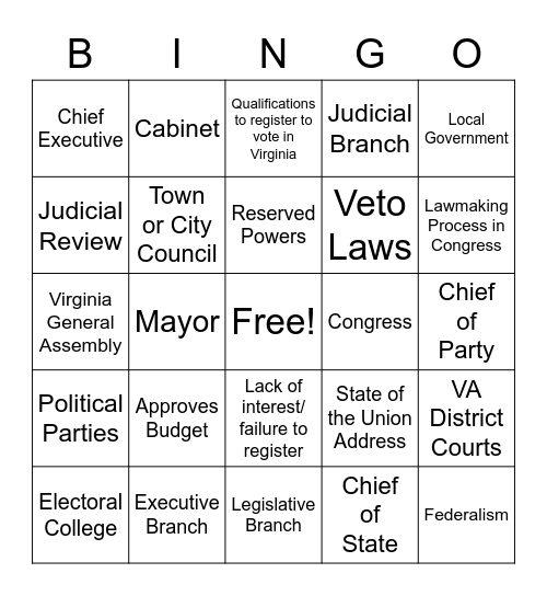 Civics Review Bingo Card