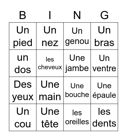 Parties du corps M Bingo Card