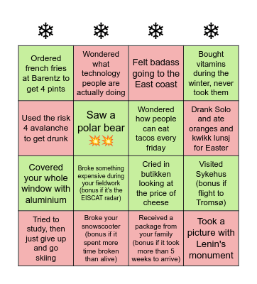UNIS student Bingo Card