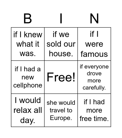 Second Conditional Bingo Card