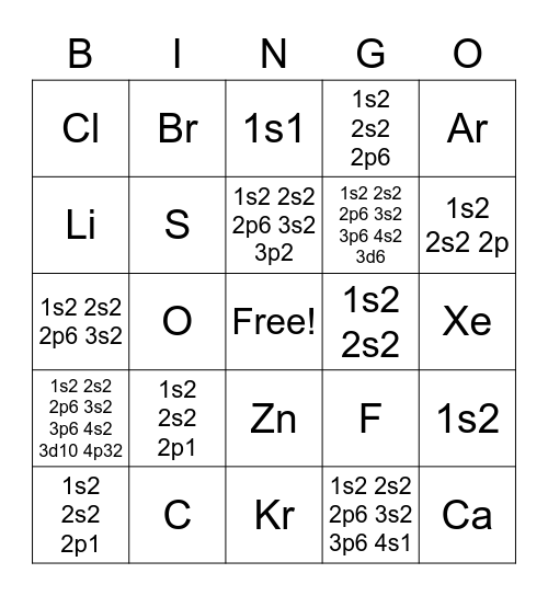 Electron Configuration Bingo Card