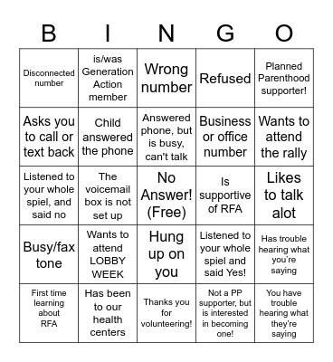 Phone Bank Bingo! Bingo Card