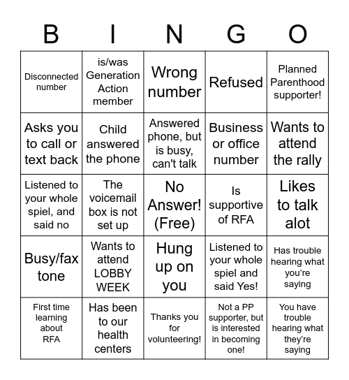 Phone Bank Bingo! Bingo Card