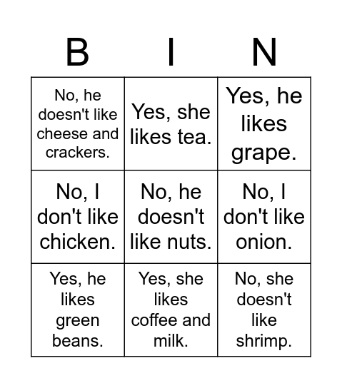 Bingo - Do you like...? Bingo Card