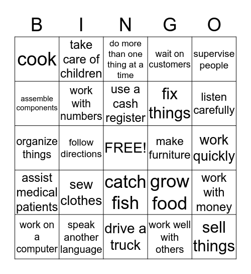 Job Skills Bingo Card