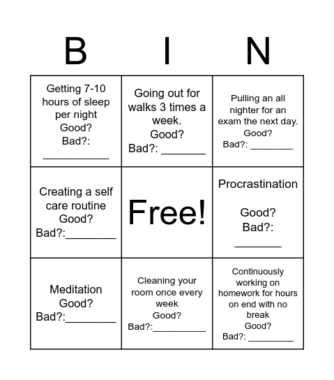 Bad Habit Bingo Card
