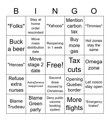 Doug Ford Announcement Bingo Card