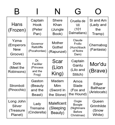 Disney/Pixar Villians Bingo Card