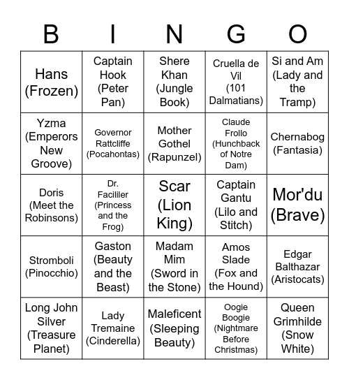 Disney/Pixar Villians Bingo Card