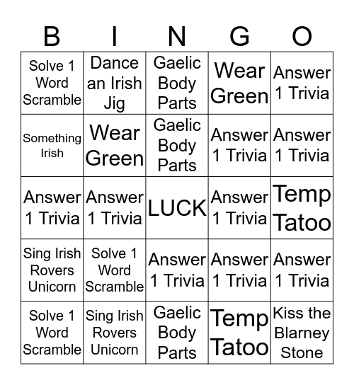 Luck of the Irish Bingo Card