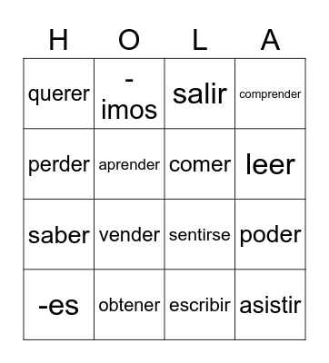 er + ir verbs Bingo Card