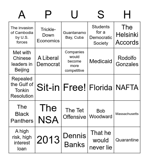 APUSH Trivia Bingo Card