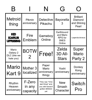 Nintendo E3 Bingo Card