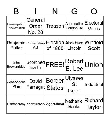 Civil War Bingo Card
