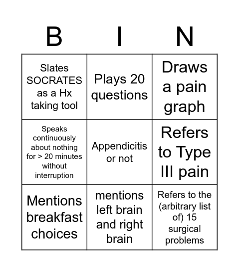 Surgery bingo Card