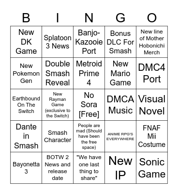 Nintendo E3 Bingo Board Bingo Card