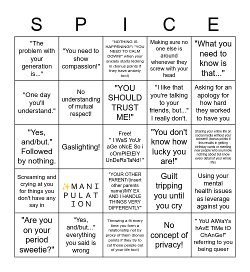 Spicy Family Bingo Card