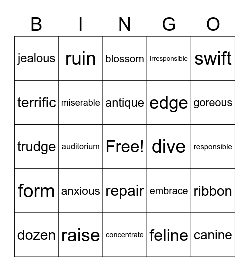 Vocabulary Bingo Card