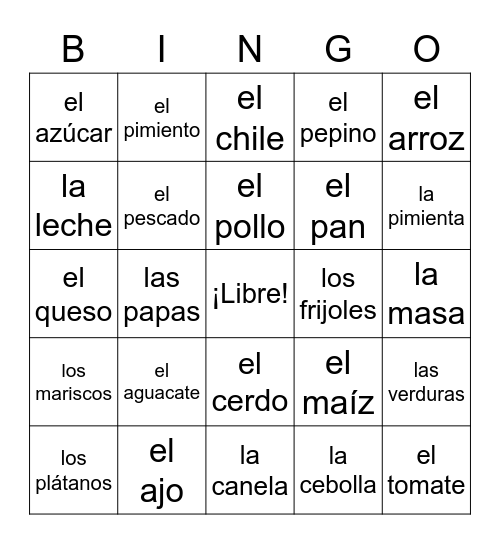 Ingredientes Típicos Bingo Card